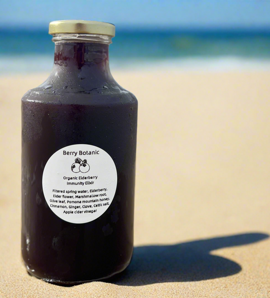 Organic Elderberry Immunity Elixir - 500ml. INGREDIENTS; Filtered spring water, Elderberry, Elder flower, Marshmallow root, Olive leaf, Pomona Honey, Cinnamon, Ginger, Clove, Celtic salt, Apple cider vinegar.  Suitable for ages 12 months and up.