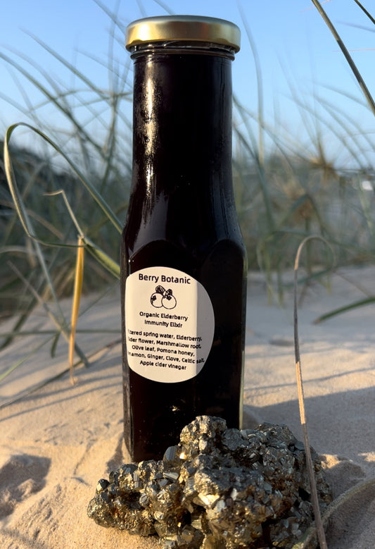 Organic Elderberry Immunity Elixir - 250ml. INGREDIENTS; Filtered spring water, Elderberry, Elder flower, Marshmallow root, Olive leaf, Pomona Honey, Cinnamon, Ginger, Clove, Celtic salt, Apple cider vinegar.  Suitable for ages 12 months +.